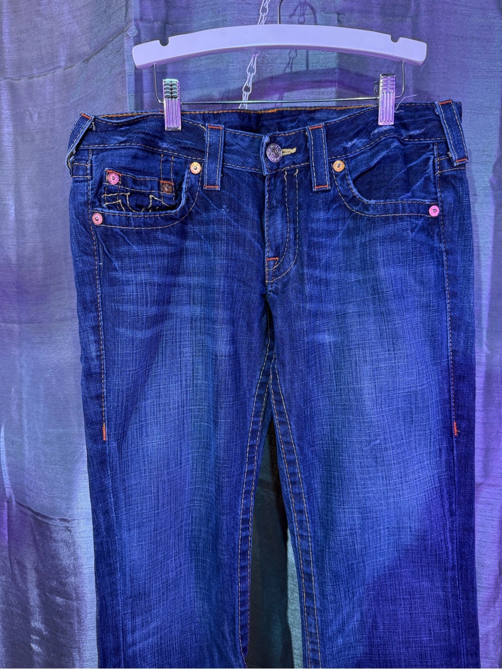 True Religion Women's Straight Leg Jeans in Dark Blue Wash